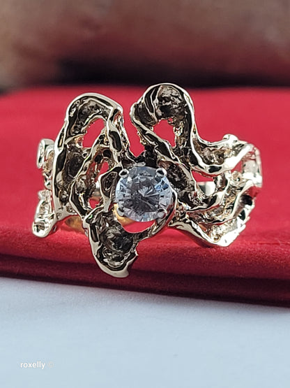 14K Yellow Gold Vintage Cubic Zirconia Brutalist Ring, Solid Gold!