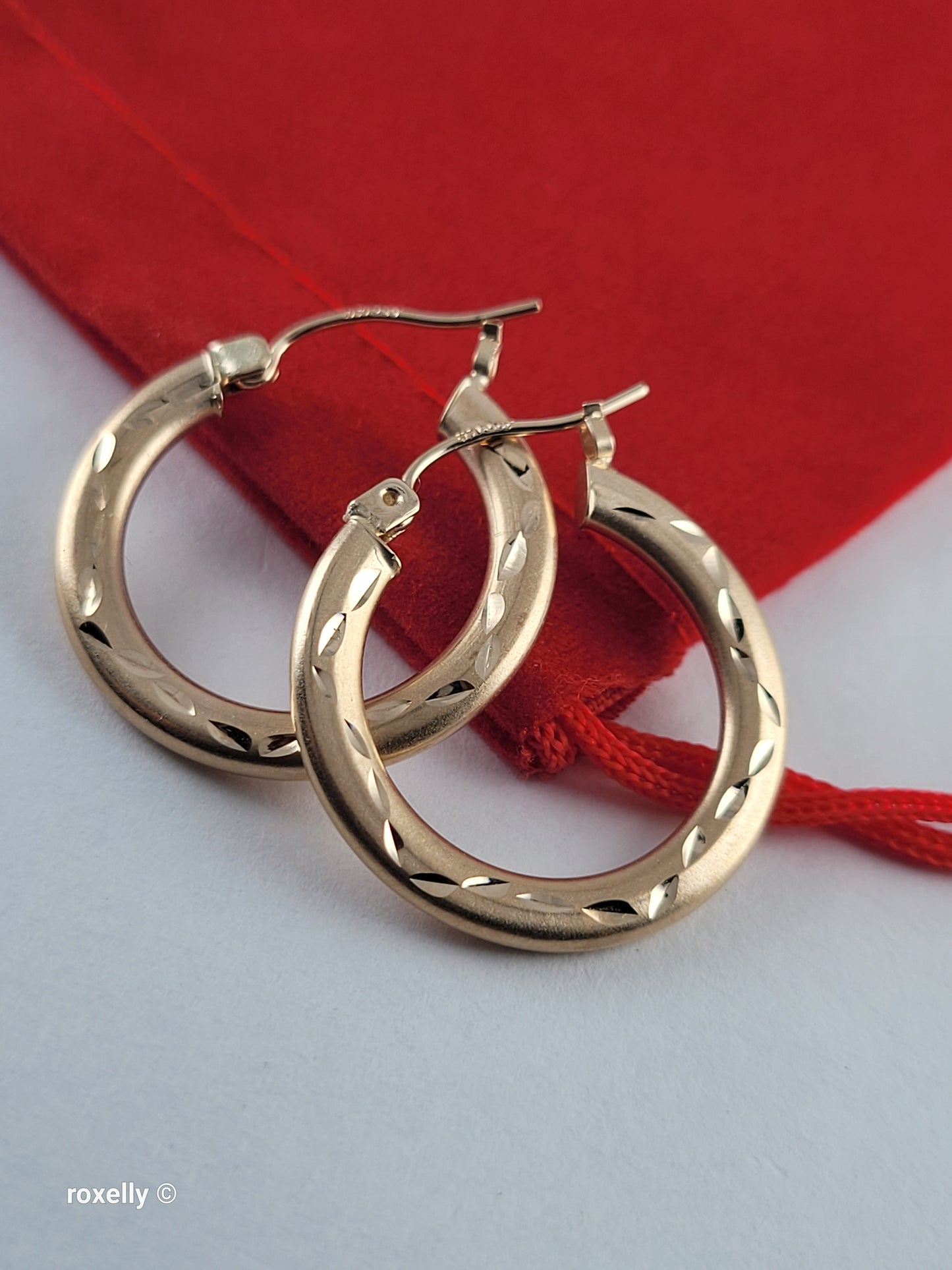14K Yellow Gold Diamond-Cut Satin Hoop Earrings, Solid Gold