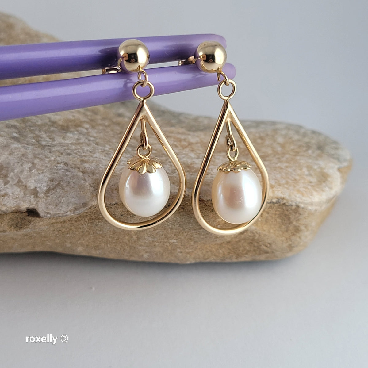 14K Yellow Gold Freshwater Pearl Drop-Shaped Dangle Earrings, Solid Gold!