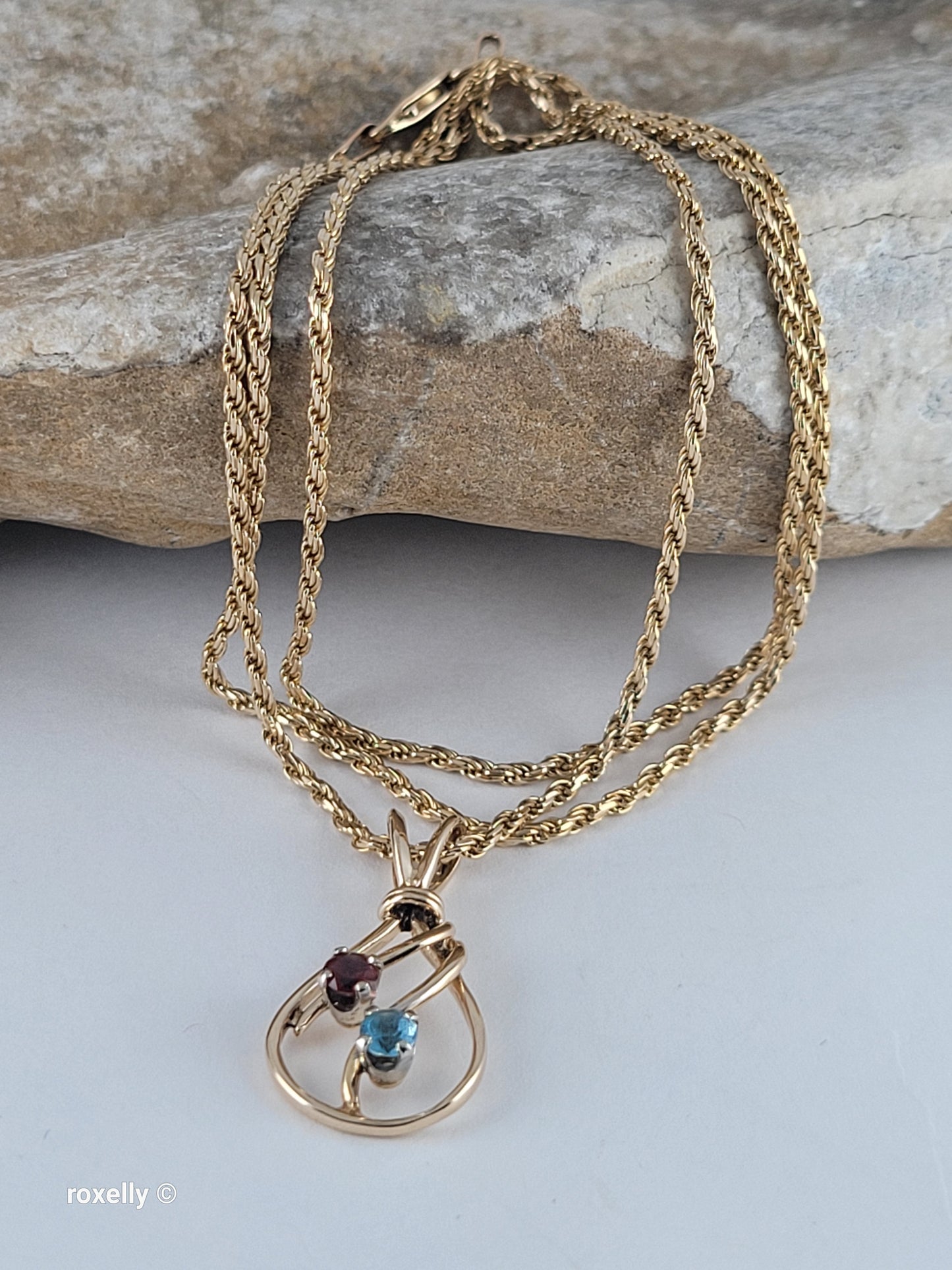 14K Yellow Gold Diamond-Cut Rope Chain Garnet and Blue Topaz Pendant, Made in Italy!