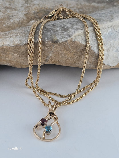 14K Yellow Gold Diamond-Cut Rope Chain Garnet and Blue Topaz Pendant, Made in Italy!