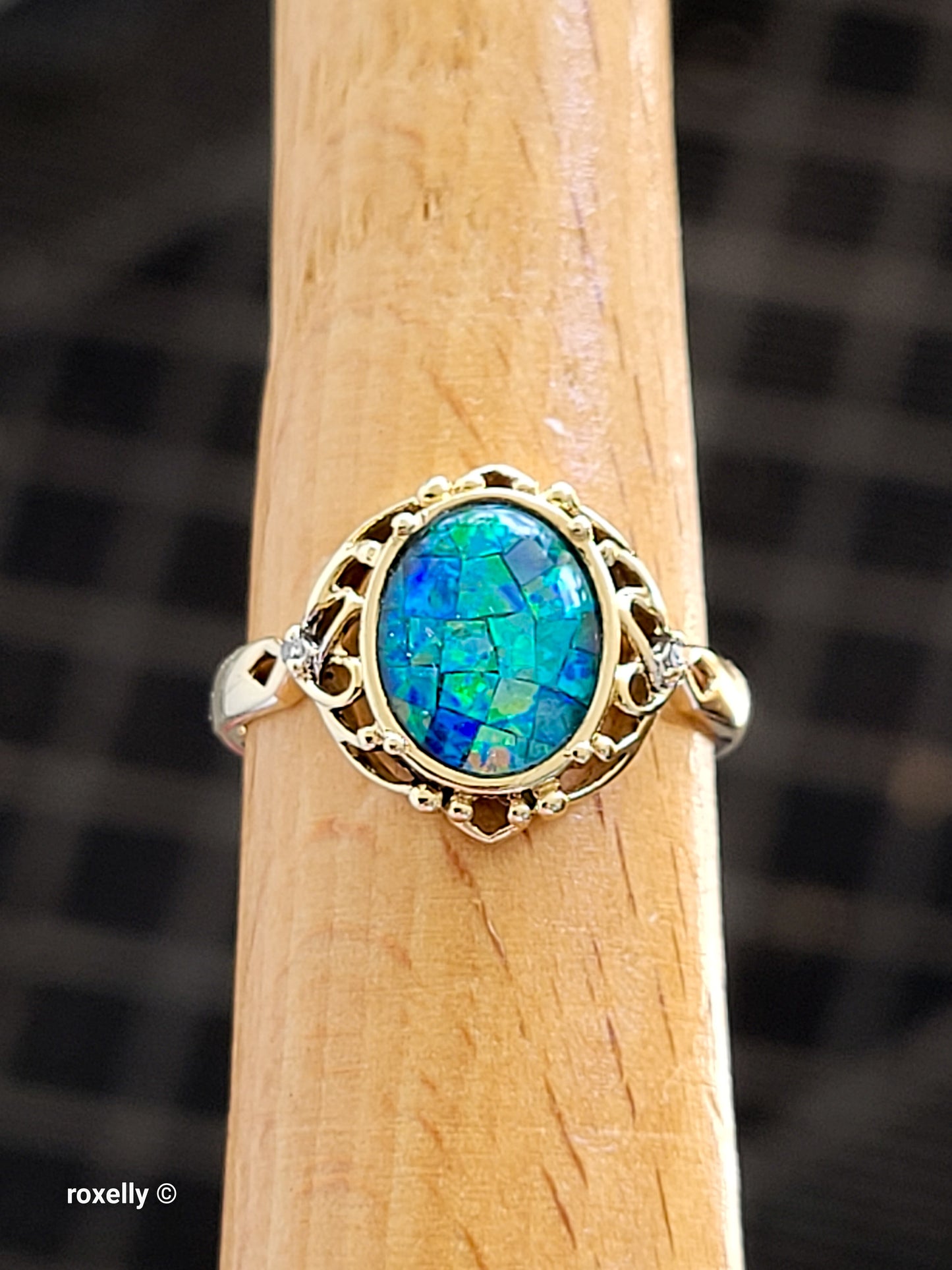 10K Yellow Gold Mosaic Opal and Diamonds Cocktail Ring Size 7, Solid Gold!