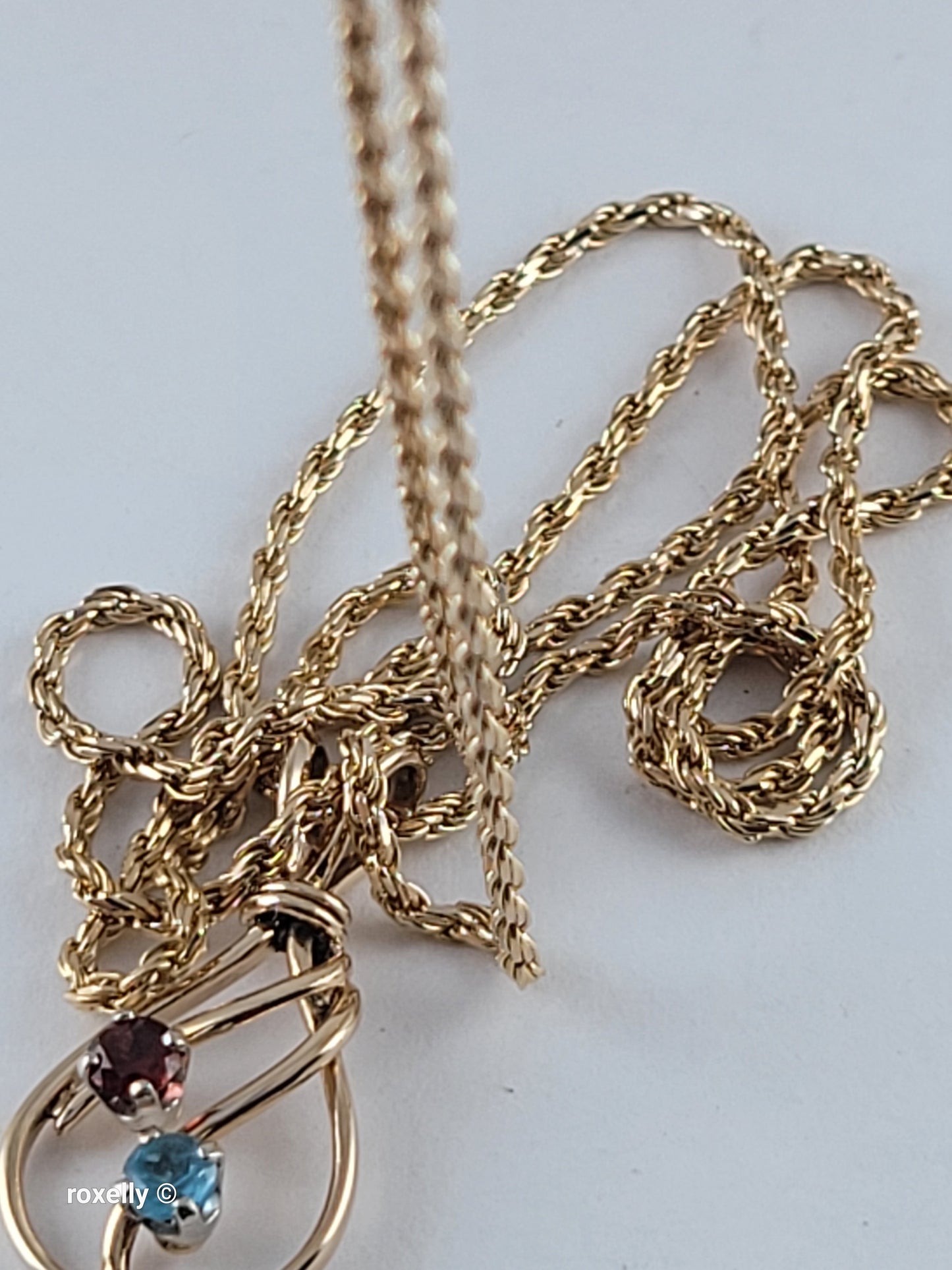 14K Yellow Gold Diamond-Cut Rope Chain Garnet and Blue Topaz Pendant, Made in Italy!