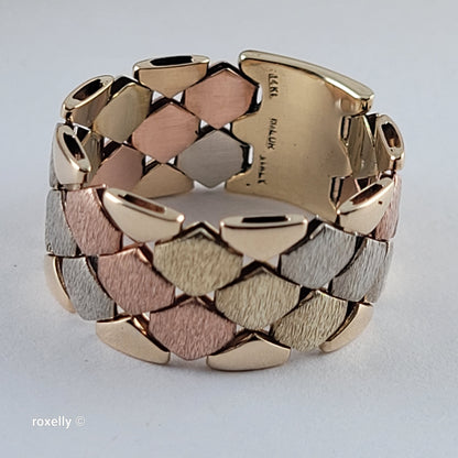14K Tri-Color Gold Satin Flexible Cigar Band Ring Size 9 – Made in Italy!