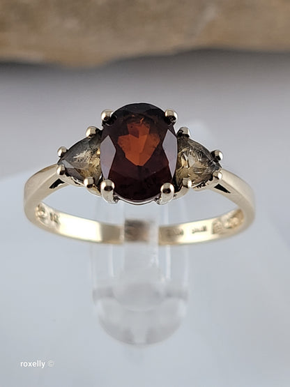 14K Yellow Gold Garnet and Citrine Cocktail Ring Size 8, Solid Gold!