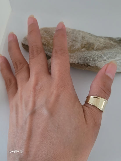 14K Solid Yellow Gold Cigar Band Cuff Ring Size 7.75 Adjustable, Made in Italy!