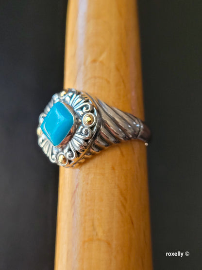 925 Sterling Silver and 18K Yellow Gold Turquoise Carved Cable  Ring