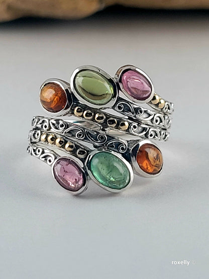 925 Sterling Silver Ring and 18K Yellow Gold, Tourmaline Gemstones Ring Size 8!