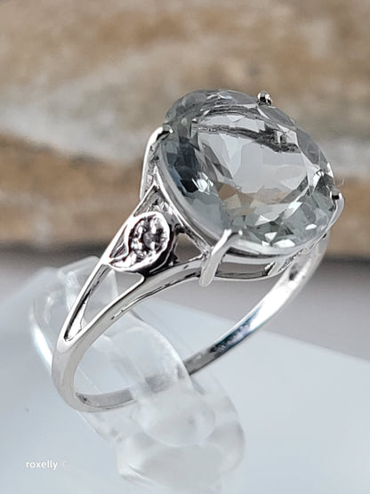 10K White Gold Prasiolite and Genuine Diamonds Ring Size 7, Solid Gold