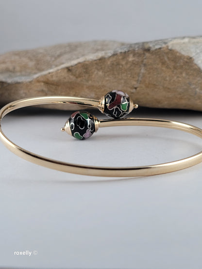 14K Yellow Gold Cloisonne Enamel Floral Bangle Bracelet, Solid Gold!