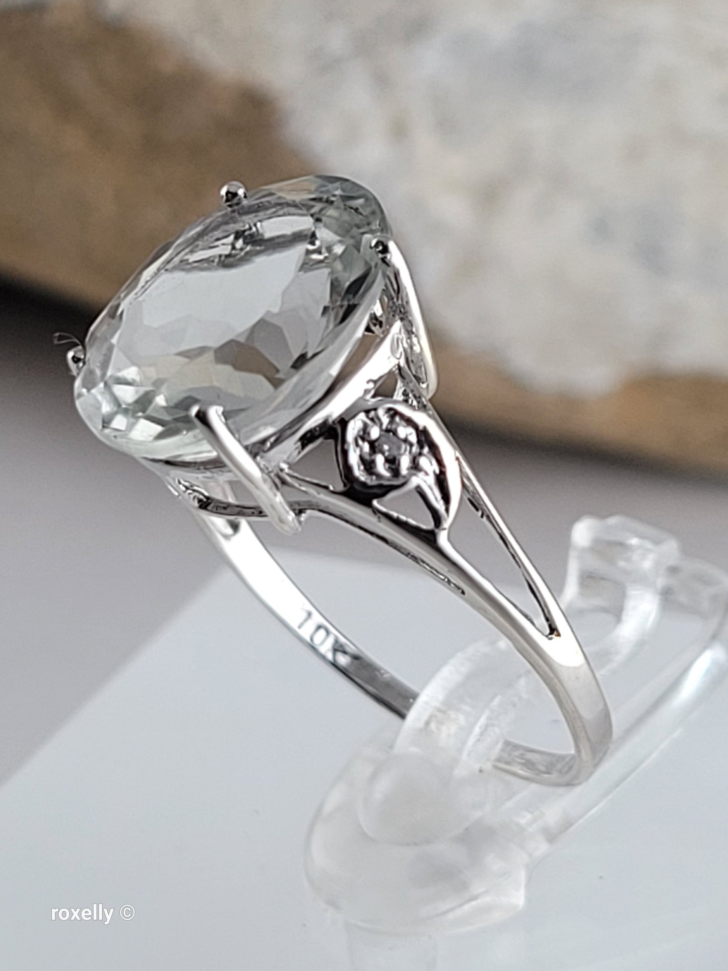 10K White Gold Prasiolite and Genuine Diamonds Ring Size 7, Solid Gold