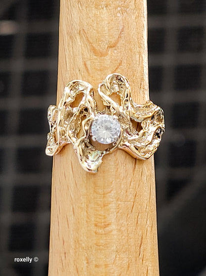14K Yellow Gold Vintage Cubic Zirconia Brutalist Ring, Solid Gold!