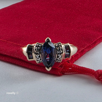 10K Yellow Gold Sapphire and Diamond Cocktail Ring Size 7.5, Solid Gold!