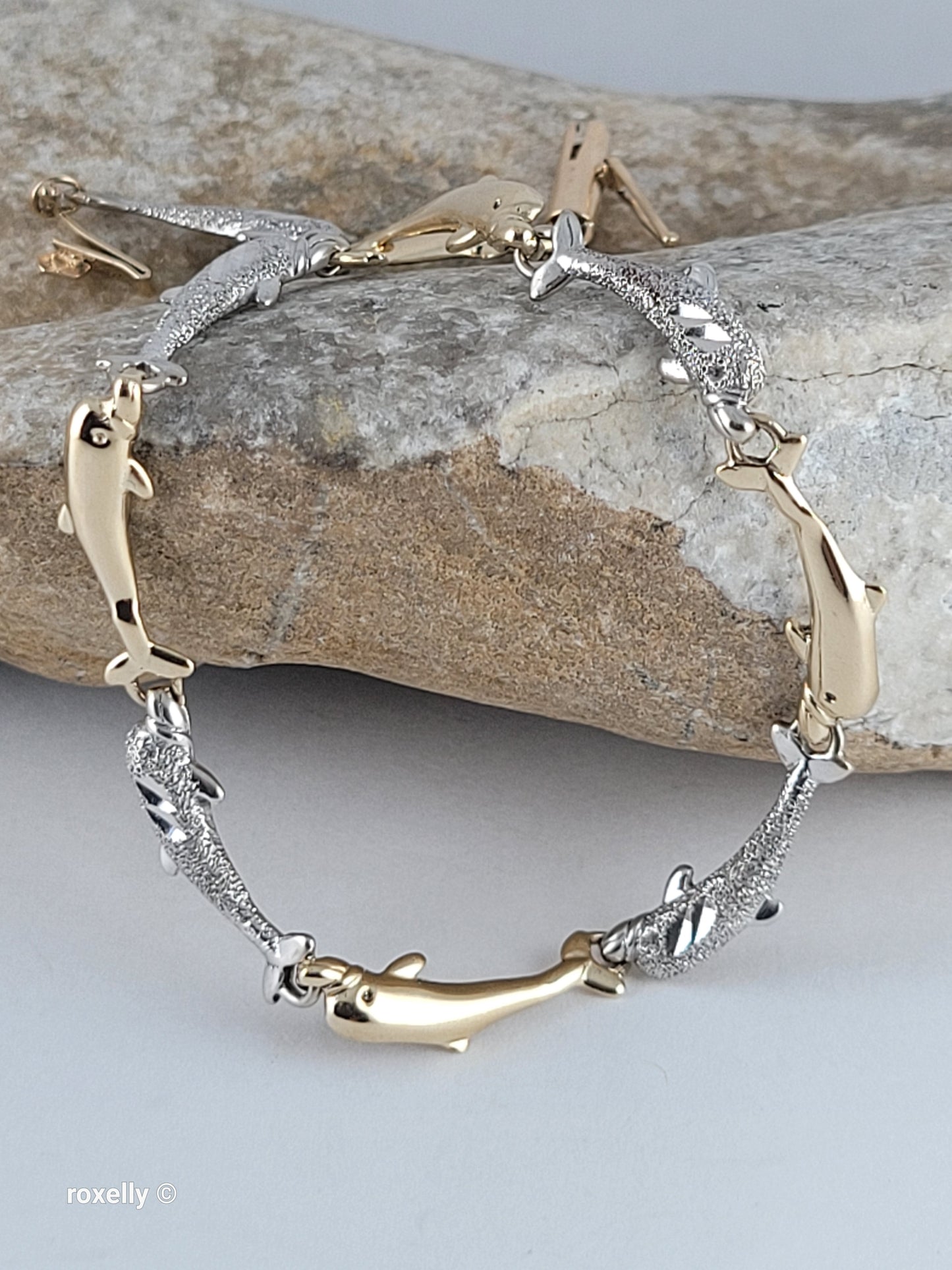 14K Two-Tone Gold Dolphin Link Bracelet, Solid Gold!