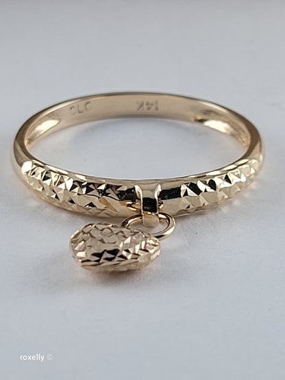 14K Yellow Gold Diamond-Cut Ring Size 10 with Heart Charm, Solid Gold!