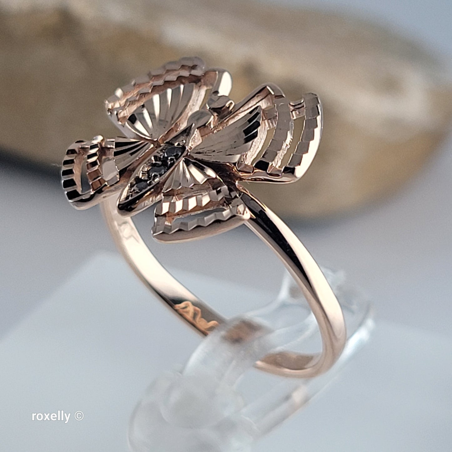 14K Rose Gold Butterfly Design, Diamond Cut & CZ Ring Size 6 - Solid Gold!