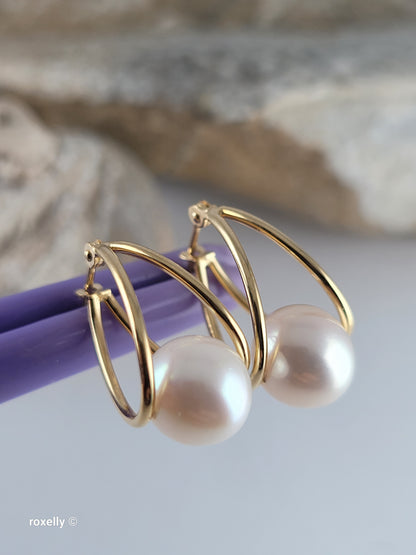 14K Yellow Gold Freshwater Pearl Double Hoop Earrings, Solid Gold!