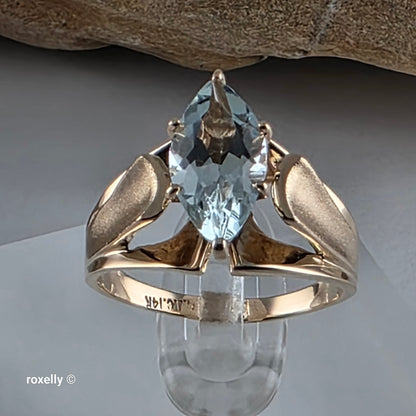 14K Yellow Gold Aquamarine Gemstone Ring Size 6.5, Solid Gold!