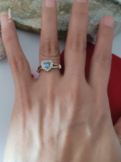 14K Yellow Gold Heart-Shaped Blue Topaz and Cubic Zirconia Ring Size 7, Solid Gold!