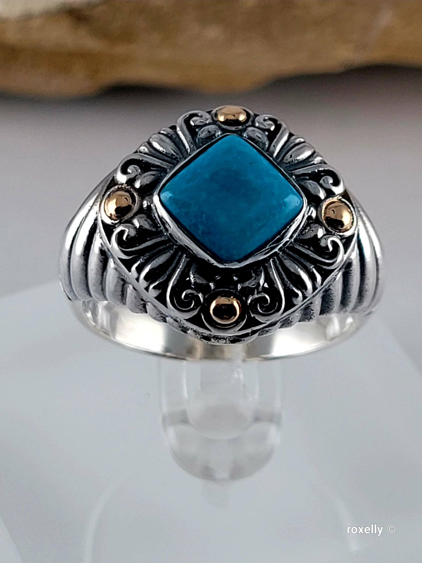 925 Sterling Silver and 18K Yellow Gold Turquoise Carved Cable  Ring