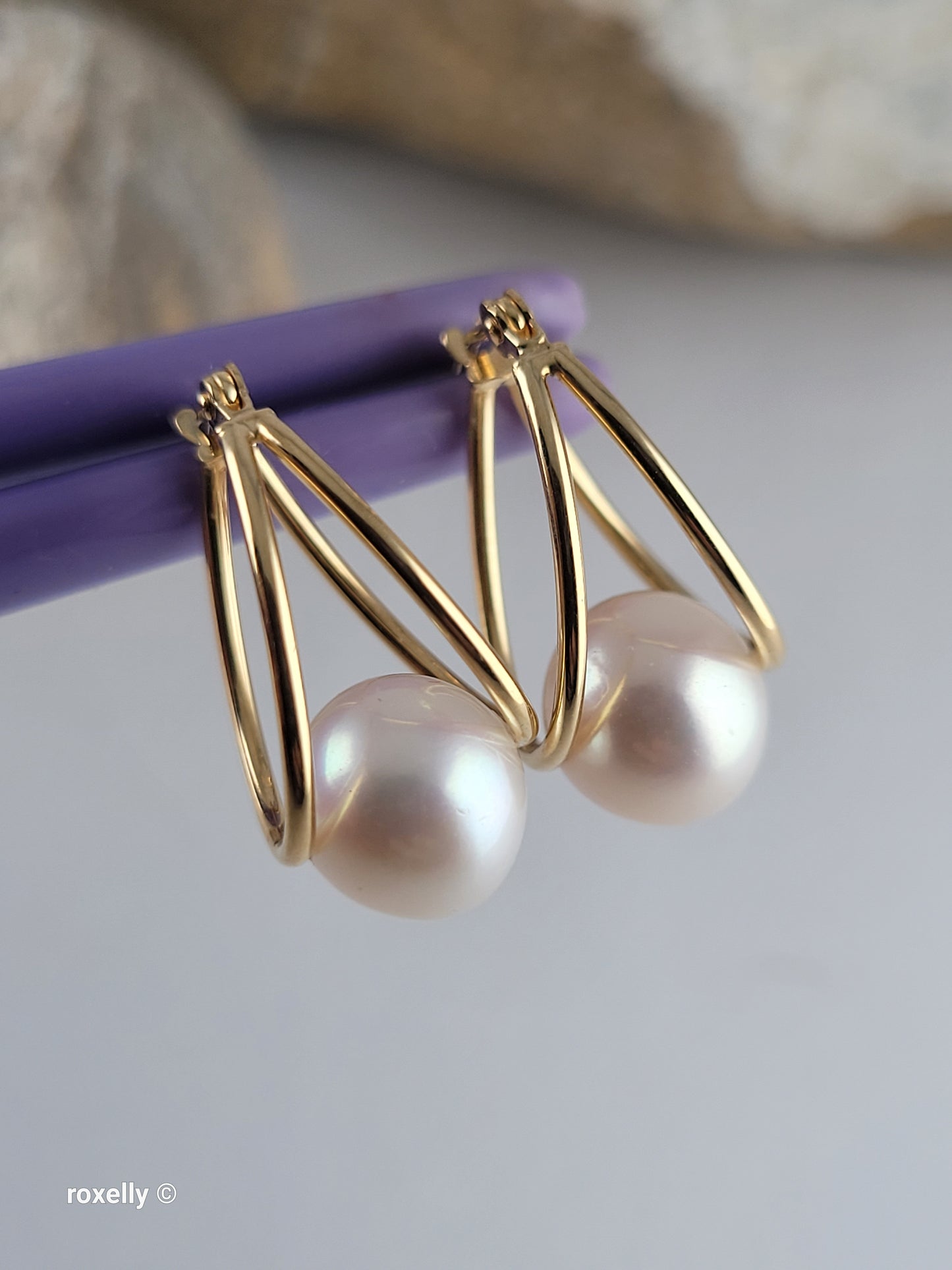 14K Yellow Gold Freshwater Pearl Double Hoop Earrings, Solid Gold!