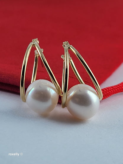 14K Yellow Gold Freshwater Pearl Double Hoop Earrings, Solid Gold!