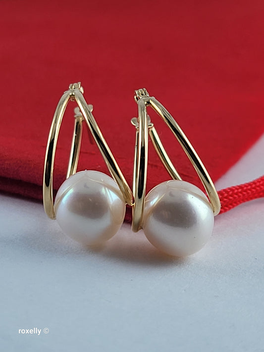 14K Yellow Gold Freshwater Pearl Double Hoop Earrings, Solid Gold!