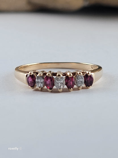 14K Yellow Gold Rubies and Diamonds Band Ring Size 6, Solid Gold