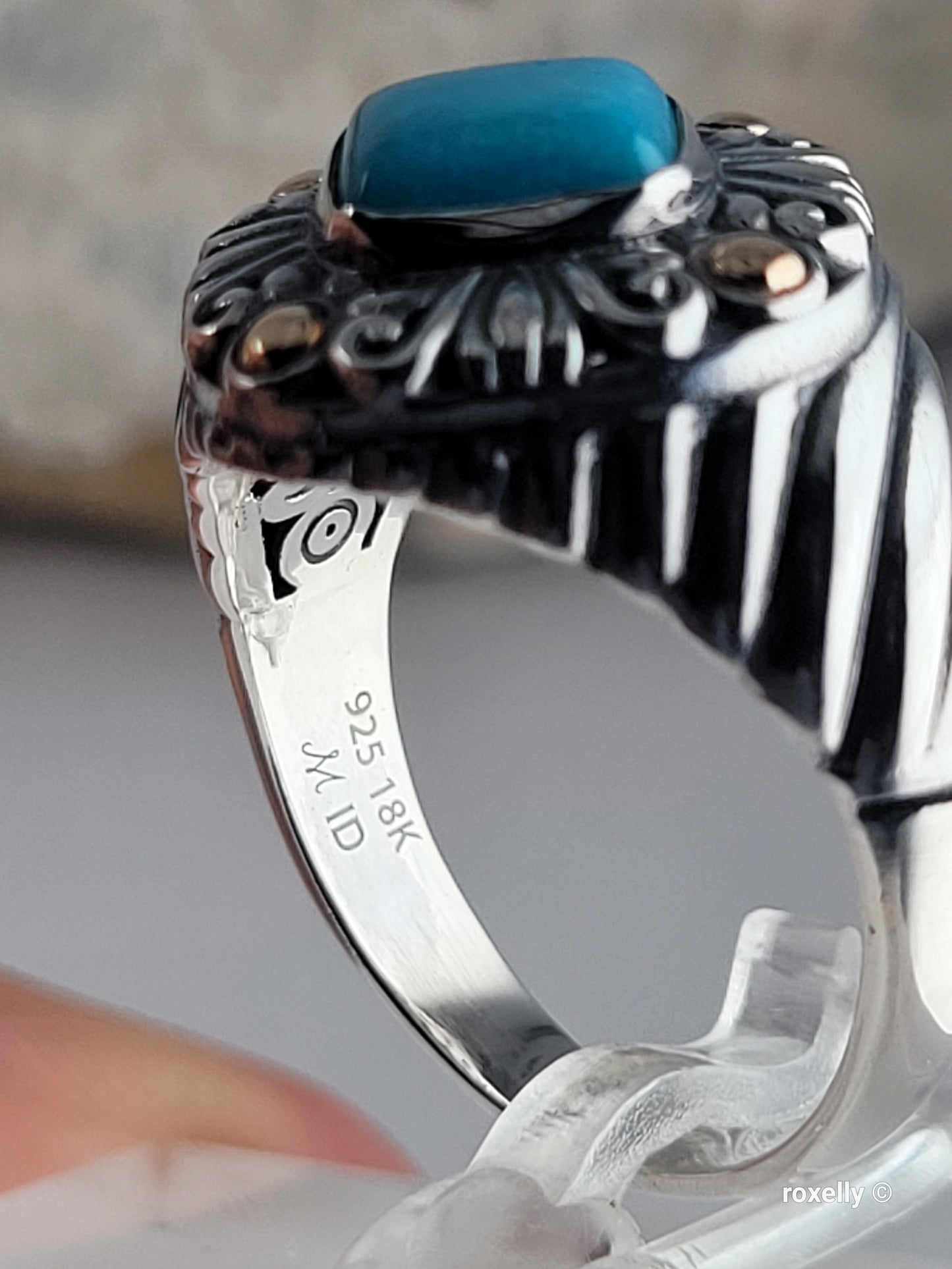925 Sterling Silver and 18K Yellow Gold Turquoise Carved Cable  Ring
