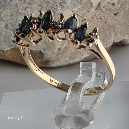 14K Yellow Gold Sapphire & Diamond Tiara Design Ring Size 6.75, Solid Gold!
