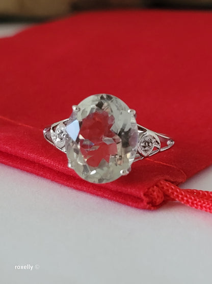 10K White Gold Prasiolite and Genuine Diamonds Ring Size 7, Solid Gold