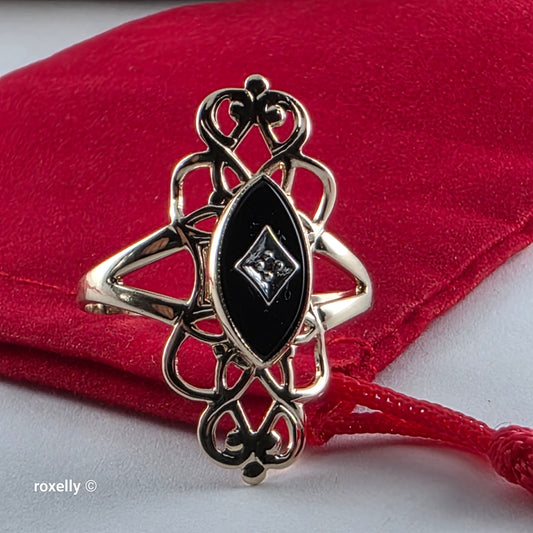 10K Yellow Gold Onyx and Diamond Art-Deco Ring Size 8.25, Solid Gold!