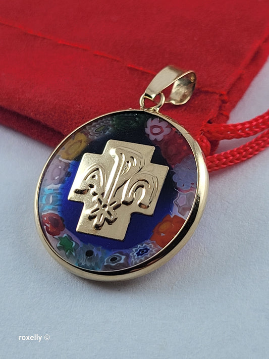 18K Solid Yellow Gold Italian Millefiori Glass Cross Small Pendant – Colorful Vintage Design