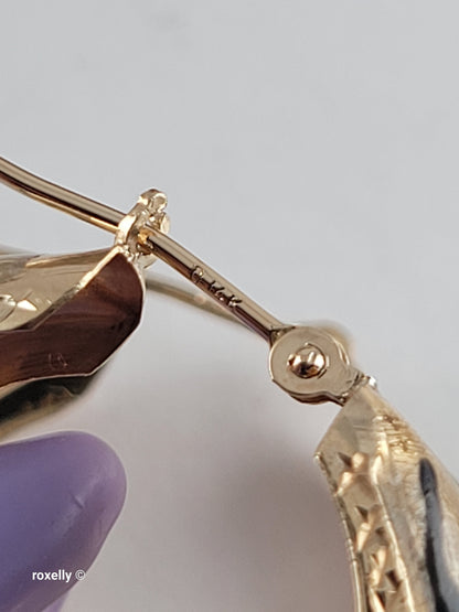 14K Yellow Gold Clasp Enamel Leopard and Diamond-Cut Hoop Earrings, Solid Gold!