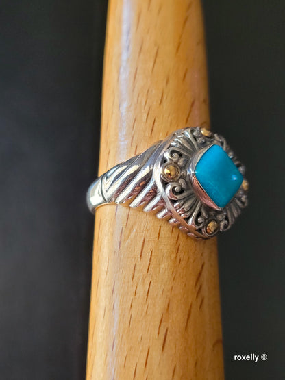 925 Sterling Silver and 18K Yellow Gold Turquoise Carved Cable  Ring