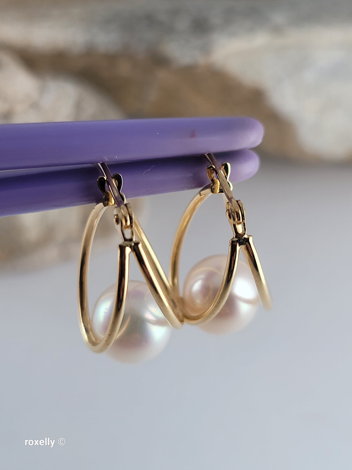 14K Yellow Gold Freshwater Pearl Double Hoop Earrings, Solid Gold!