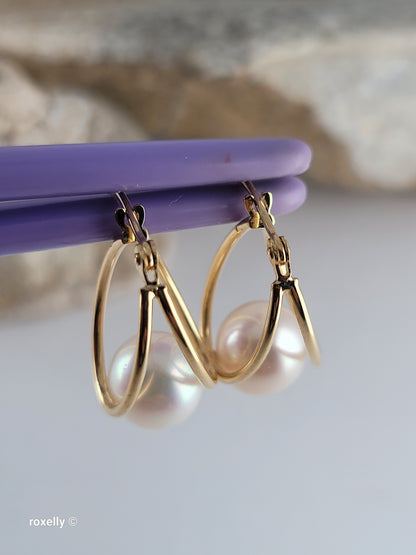 14K Yellow Gold Freshwater Pearl Double Hoop Earrings, Solid Gold!