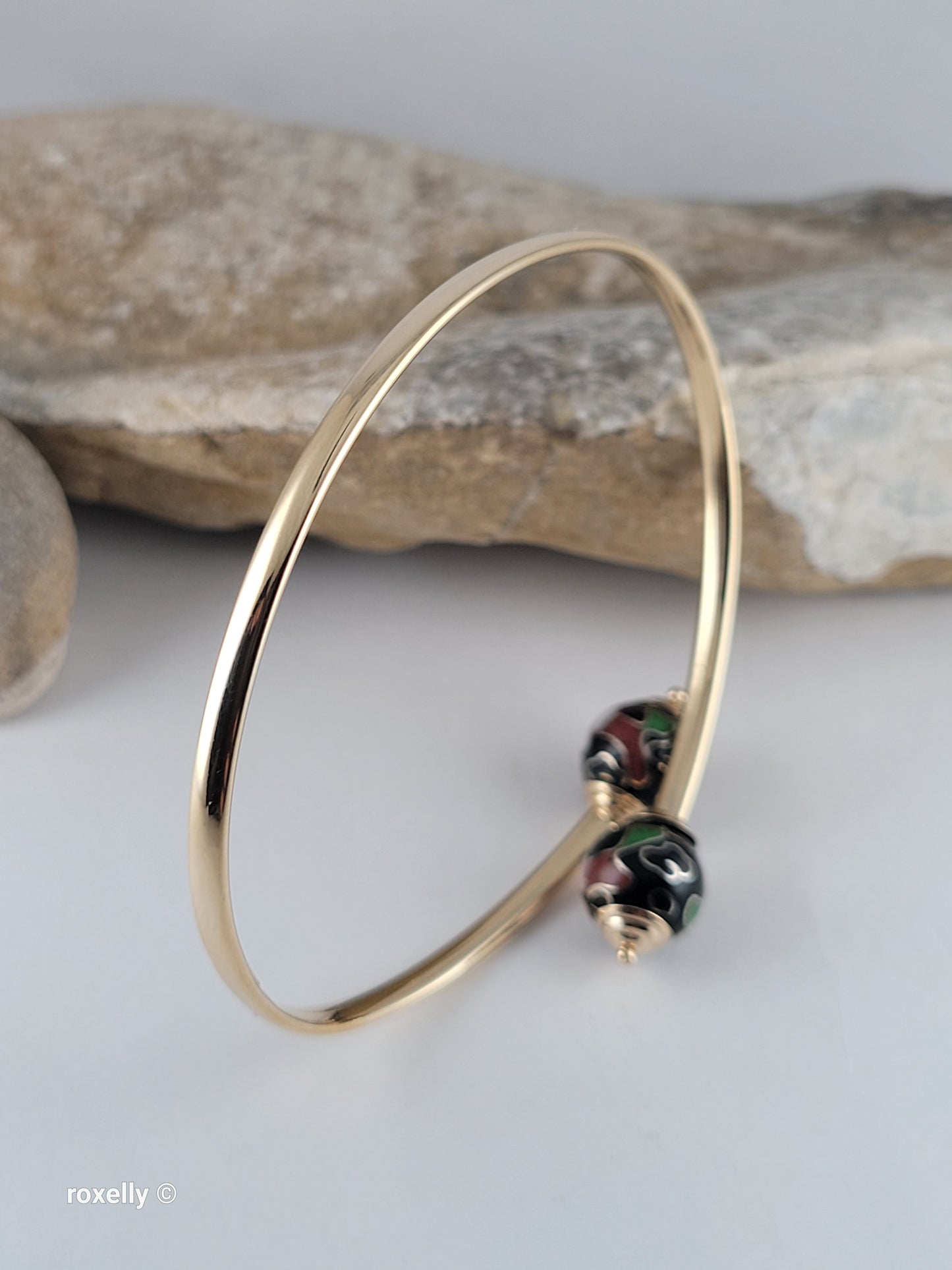 14K Yellow Gold Cloisonne Enamel Floral Bangle Bracelet, Solid Gold!