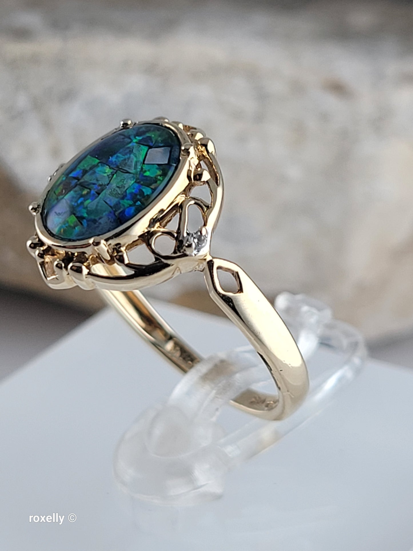 10K Yellow Gold Mosaic Opal and Diamonds Cocktail Ring Size 7, Solid Gold!