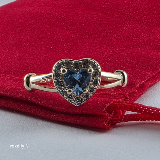 14K Yellow Gold Heart-Shaped Blue Topaz and Cubic Zirconia Ring Size 7, Solid Gold!