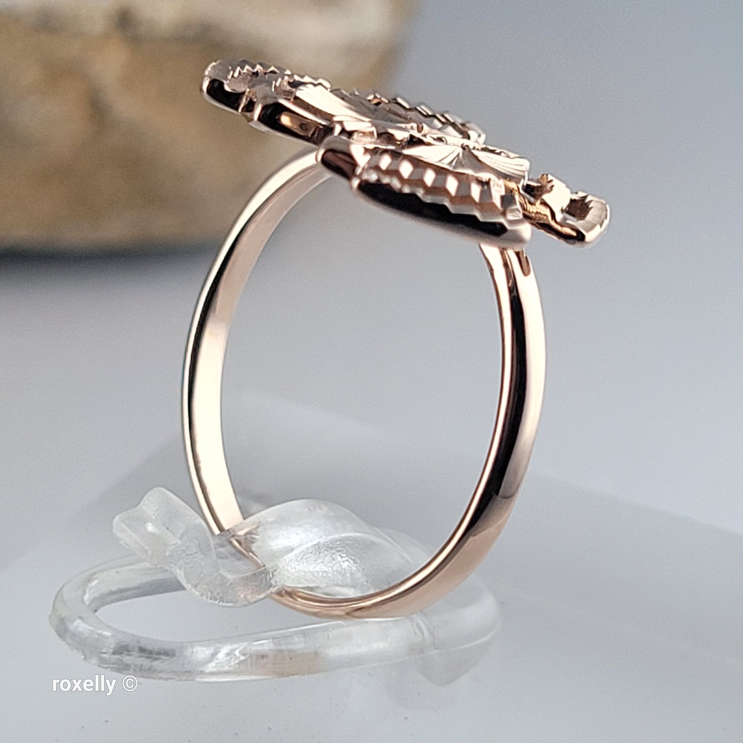 14K Rose Gold Butterfly Design, Diamond Cut & CZ Ring Size 6 - Solid Gold!