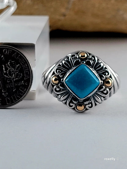 925 Sterling Silver and 18K Yellow Gold Turquoise Carved Cable  Ring