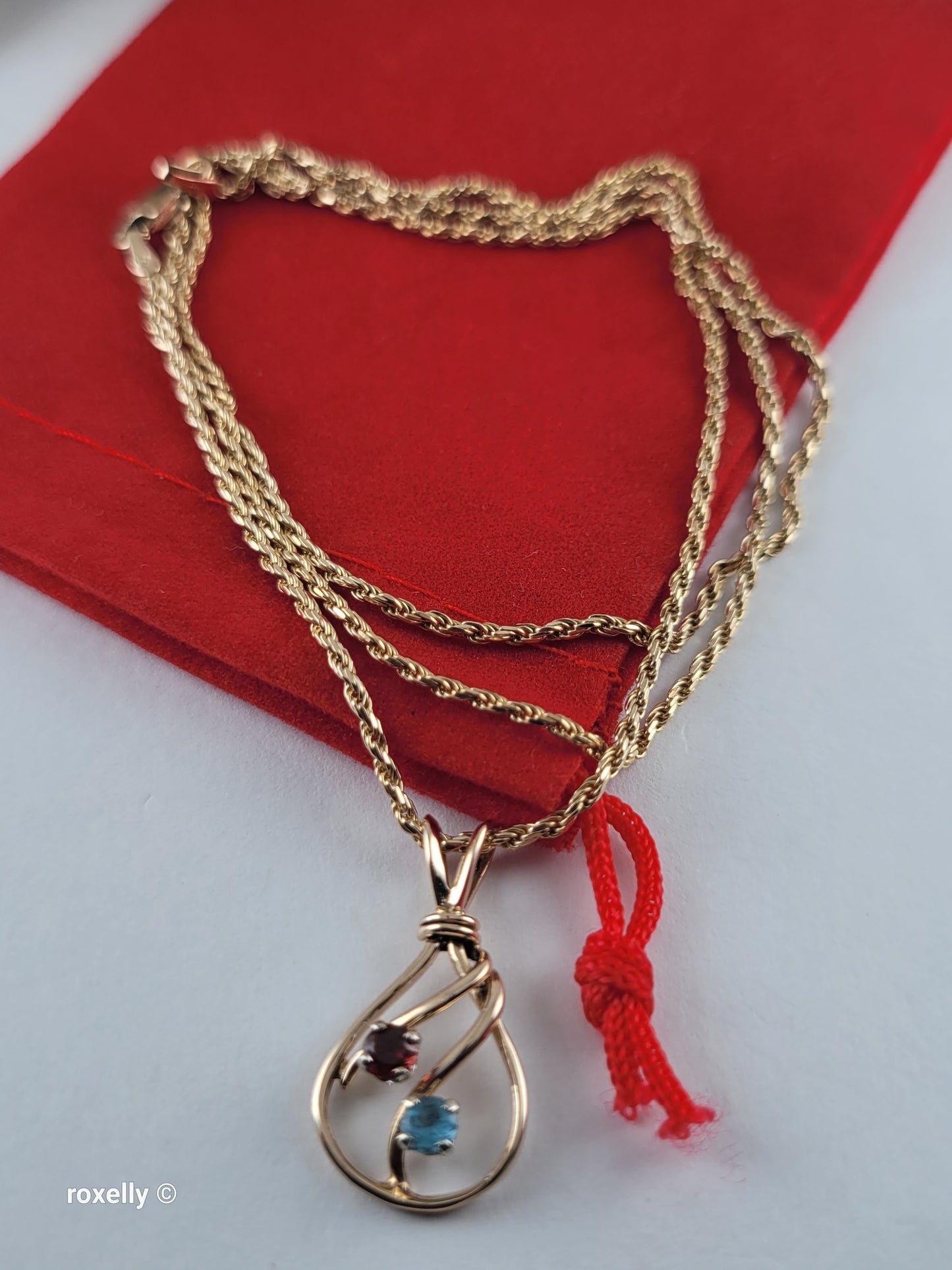 14K Yellow Gold Diamond-Cut Rope Chain Garnet and Blue Topaz Pendant, Made in Italy!