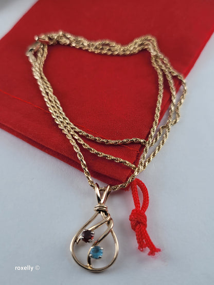 14K Yellow Gold Diamond-Cut Rope Chain Garnet and Blue Topaz Pendant, Made in Italy!
