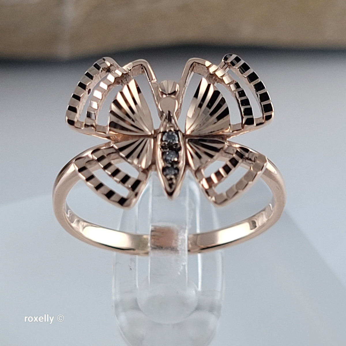 14K Rose Gold Butterfly Design, Diamond Cut & CZ Ring Size 6 - Solid Gold!