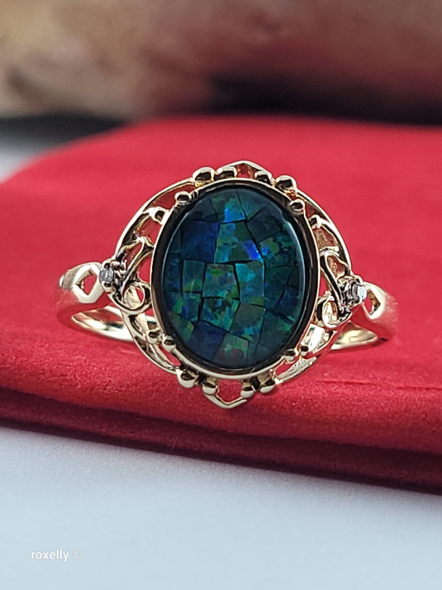 10K Yellow Gold Mosaic Opal and Diamonds Cocktail Ring Size 7, Solid Gold!