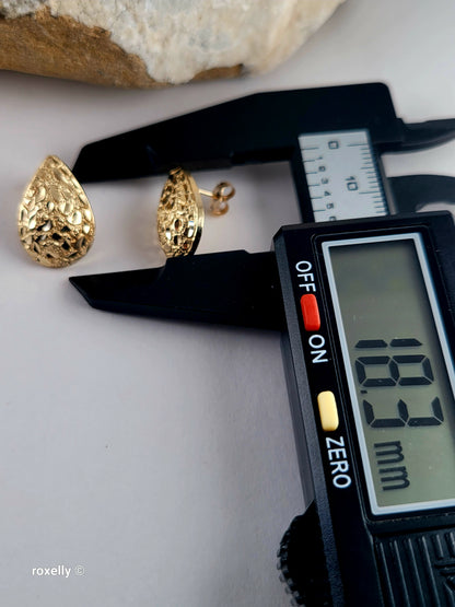 14K Solid Yellow Gold Nugget Teardrop Stud Earrings, 18.3mm Beautiful!