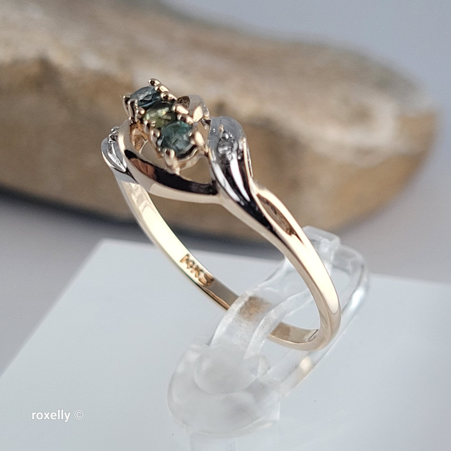 14K Yellow Gold Peridot, Blue Topaz & Diamonds Ring Size 7.25- Solid Gold!