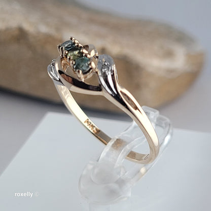 14K Yellow Gold Peridot, Blue Topaz & Diamonds Ring Size 7.25- Solid Gold!