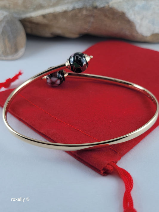 14K Yellow Gold Cloisonne Enamel Floral Bangle Bracelet, Solid Gold!